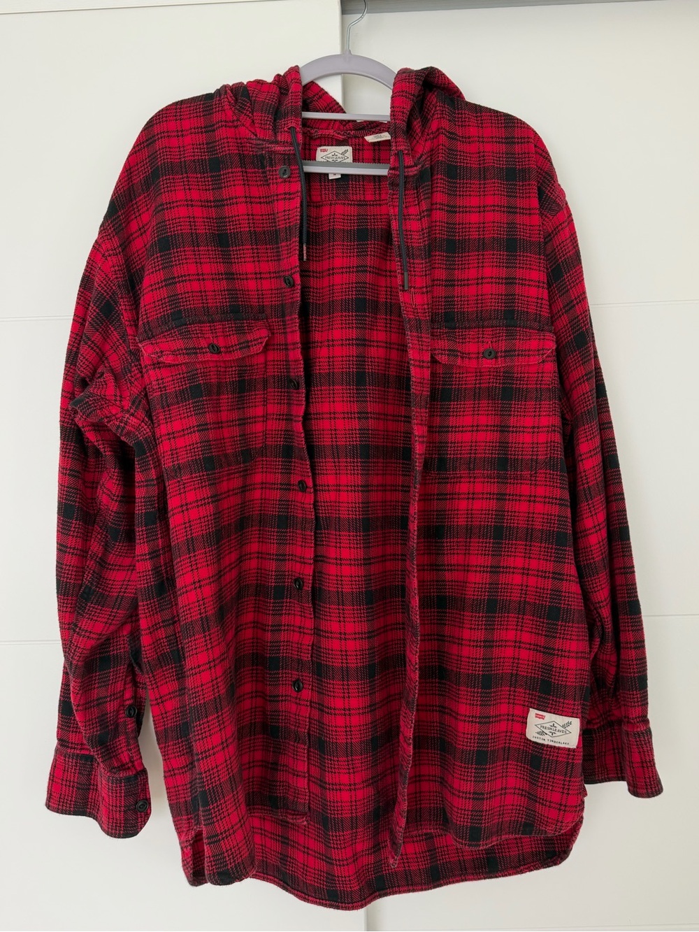 Men’s Levi's Justin Timberlake Fresh Leaves Red & Black Plaid Hooded Flannel